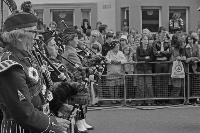 A bagpipe band keeps the crowds entertained at the Durham Miners Gala in July 1977.