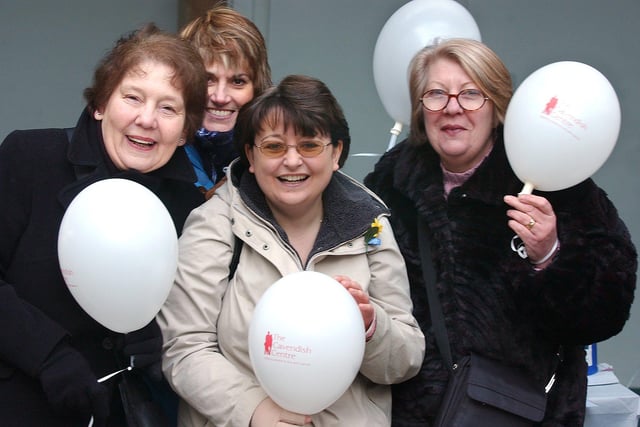 Cavendish Centre ladies selling balloons for Valentines Day on The Moor in 2005, Margaret Ward, Lesley Eland, Dallas Matthews and Joan Kersey.