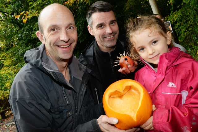 Steve Rivers and his daughter Jasmine, five, pictured with Chris smith, Sheffield and Rotherham Wildlife Trust senior outdoor learning officer, during a Halloween event at Ecclesall Woods.