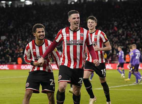 Ciaran Clark of Sheffield United celebrates scoring against Coventry City: Andrew Yates / Sportimage