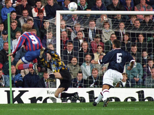 No 9 Jurgen Klinsman knocks the ball into the Raith Rovers net to score for Bayern Munich in October 1995's UEFA Cup second round game at Easter Road in Edinburgh. Photo: SNS Group