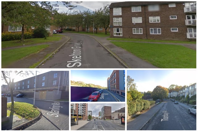 South Yorkshire Police received two reports of burglary on or near the following streets during October 2022: Skelton Grove, Woodhouse (top); Starling Mead, Park Hil (left); Swinton Street, Kelham Island (top middle); Tenter Street, Sheffield city centre (bottom middle) and Torbay Road, Grimesthorpe (right)