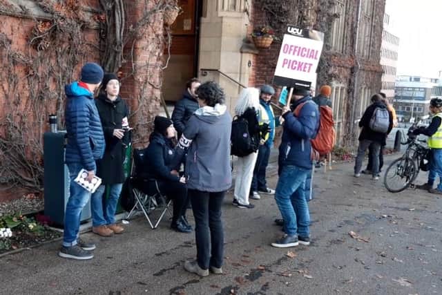 Univerity strike. .Pickets at Firth Court
