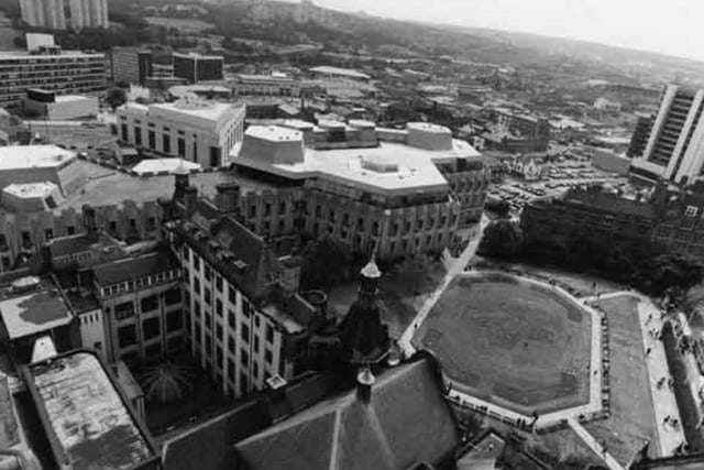 An aerial view of the Peace Gardens in Sheffield city centre, with the Town Hall extension known as the Egg Box visible, in 1995.