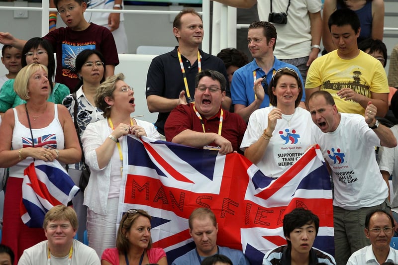 Friend and family cheer on Rebecca Adlington in the Women's 800m Freestyle Final.