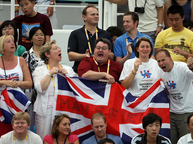 Friend and family cheer on Rebecca Adlington in the Women's 800m Freestyle Final.