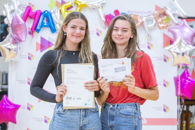 Megan Johnson and Harriet Brown collect their results at Portsmouth College. Picture: Habibur Rahman
