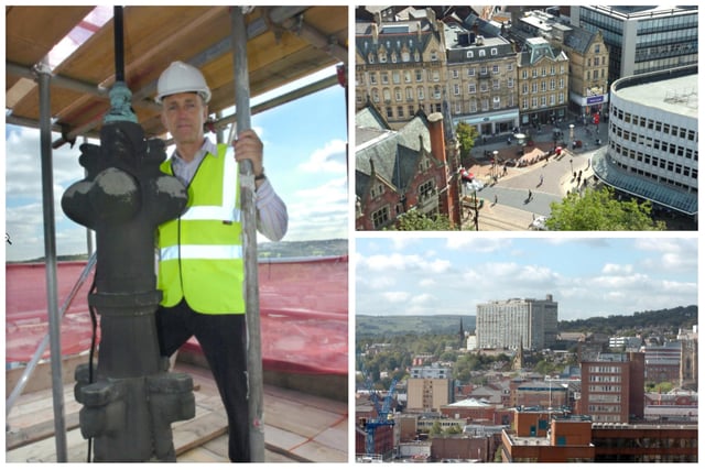 Photographer Stuart Hastings took stunning pictures from the top of Sheffield Cathedral Spire, and this picture also shows reporter Martin Smith at the top of the spire, in the scaffolding