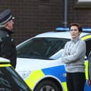 (left to right) Adrian Dunbar, Vicky McClure and Martin Compston on the set of the sixth series of Line of Duty, which was filmed in the Cathedral Quarter, Belfast. PA Photo. Picture: Liam McBurney/PA Wire