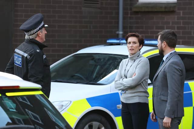 (left to right) Adrian Dunbar, Vicky McClure and Martin Compston on the set of the sixth series of Line of Duty, which was filmed in the Cathedral Quarter, Belfast. PA Photo. Picture: Liam McBurney/PA Wire