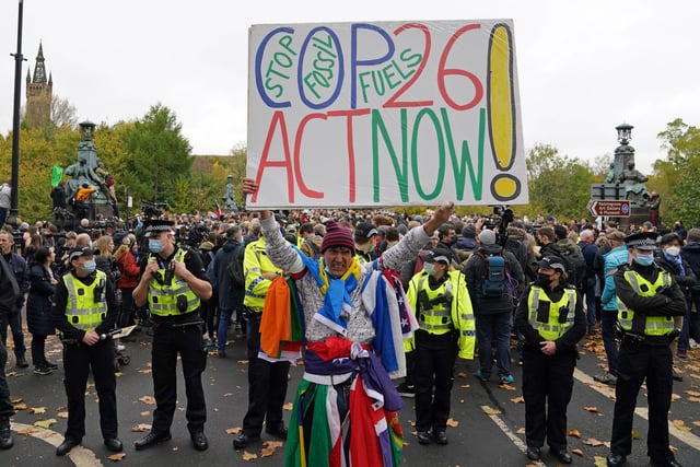 Demonstrators during the Fridays for Future Scotland march through Glasgow during the Cop26 summit in Glasgow. There is also a significant police presence in Glasgow over the weekend.