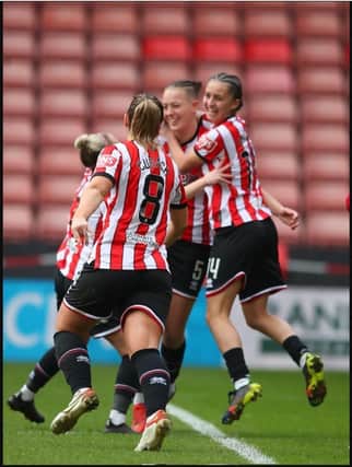Sheffield United Women celebrate Naomi Hartley's goal against Lewes at Bramall Lane. Picture: Sportimage