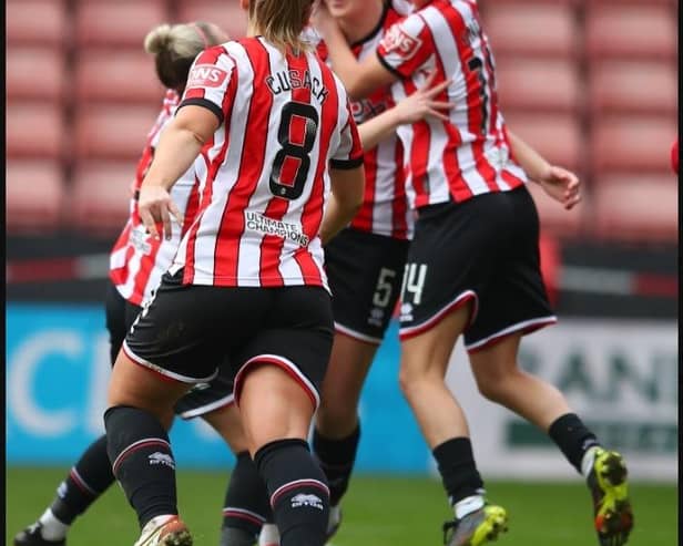 Sheffield United Women celebrate Naomi Hartley's goal against Lewes at Bramall Lane. Picture: Sportimage