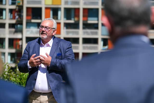 Coun Terry Fox speaks about his friend and colleague Pat Midgley at the unveiling of Pat Midgley Lane as part of the Park Hill flats regeneration scheme
