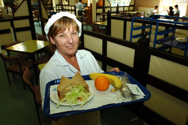 Linda Allen is pictured with a selection of the food from the kitchen of the University Hospital of Hartlepool. It's a scene from 2008.