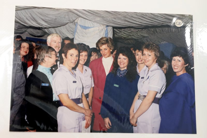 Photographs of Princess Diana visiting the hospital 30 years ago were  seen during Prince Harry, Duke of Sussex's visit to Sheffield Children's Hospital on July 25, 2019 (Photo by Chris Jackson/Getty Images)