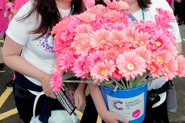 Chesterfield Race for Life, which started at Chesterfield Town Hall & ended in Queens Park, Flower Girls Samantha Grass-Smith & Michelle Hawkins were pictured in 2015