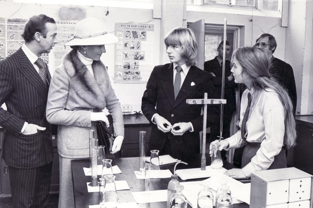 Royal visit to Brook Comprehensive School - October 1980
Prince and Princess Michael of Kent speak with two of the Brook School pupils in the chemistry lab, Sarah Whelan and David Murcha, during their tour of the school.