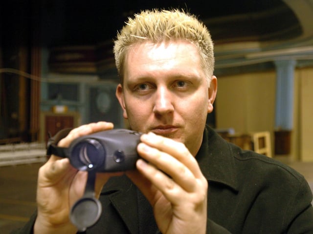 Mike Diskin of the Sheffield Paranormal Investigations with a night vision scope at the Abbeydale Picture House on the trail of any 'ghosts'.