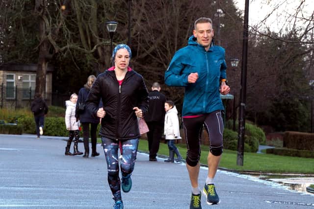 Paul and Stephanie Fauset in Weston Park preparing for their world record attempt at the Sheffield Half Marathon 