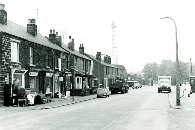 A view of the shops and houses at Leppings Lane, Hillsborough, in 1963