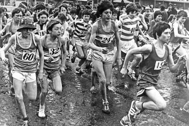 The Colts race in the Jarrow and Hebburn Athletic Club's Ladbroke road races gets under way in April 1975.