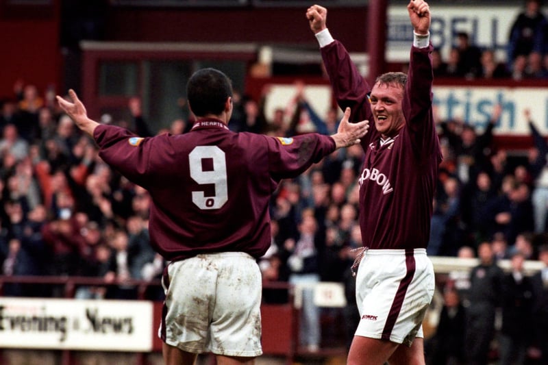 The midfielder who made 204 appearances for Hearts is pictured celebrating after scoring the third goal in the 1998 quarter-final win over Ayr. Has been out of football working as a labourer over the past six years.