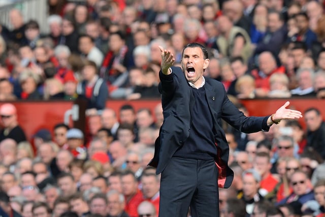Gus Poyet reacts on the touchline during a match between Manchester United and Sunderland at Old Trafford on May 3, 2014. Sunderland won 1-0.