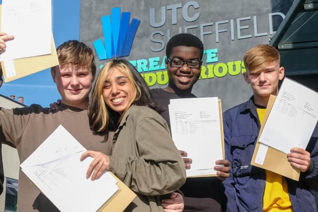 Students at UTC Sheffield City celebrate after receiving their GCSE results