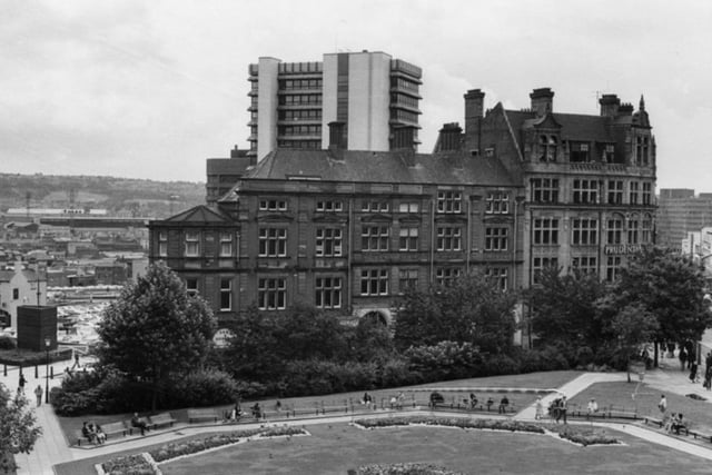 The view from Sheffield Town Hall in August 1982 of St. Pauls Chambers, and Prudential Building, on St. Pauls Parade, and the Peace Gardens, with Redvers House in the background.