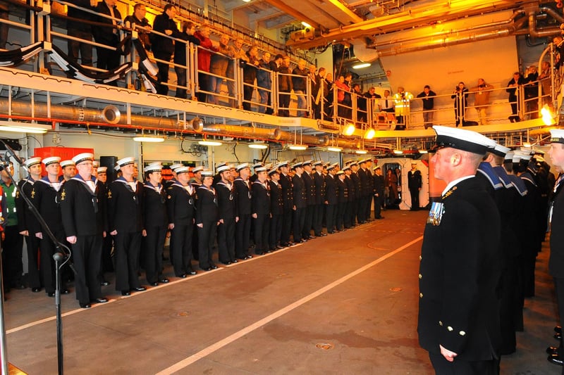 3rd December 2009.The handover ceremony of HMS Dauntless from her builder BAE Systems to the Ministry of Defence.
The crew who were on board assembled in the ship's hangar
Picture: Malcolm Wells (094308-16)