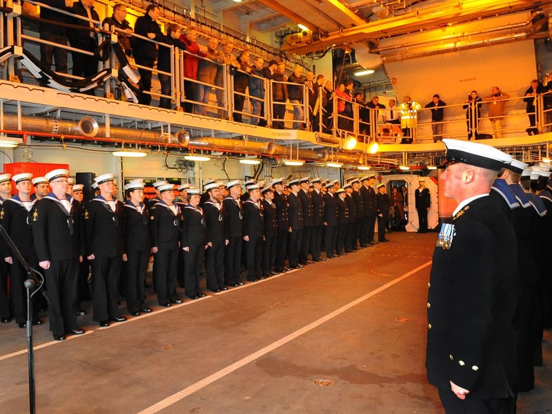 3rd December 2009.The handover ceremony of HMS Dauntless from her builder BAE Systems to the Ministry of Defence.
The crew who were on board assembled in the ship's hangar
Picture: Malcolm Wells (094308-16)