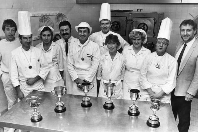 South Shields General Hospital  catering staff in August 1986. Pictured are:  left to right:  Simon Bruce; Tony Steele; Aika Miller; Raymond Ali, catering superintendent; Tommy Church, head chef; Tony Bray; Elaine Jeffel; Julie Shephard; Karen Stephenson and Mike Smith, district catering manager.