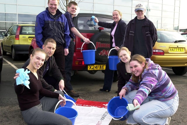 Prince's Trust volunteers, from left, Emma Lowe, Geoff Hurst, Andrew Davis, Graham Hemmingway, Vicky Nithsdale, Luke Moy, Michelle McKenna and Tamsin Maw got in some training a community car wash project in 2002
