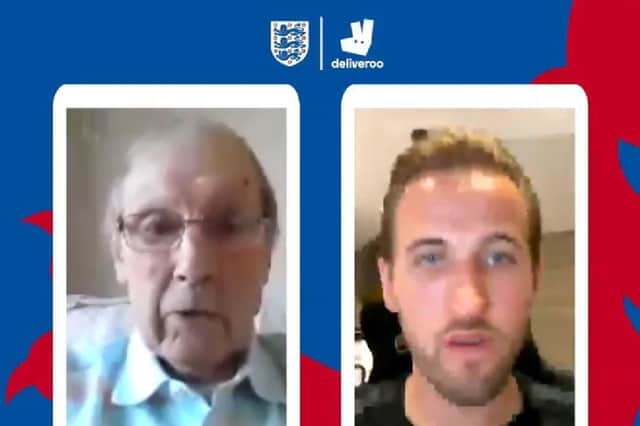 Harry Kane speaking to Colin Grainger who made his Three Lions debut 64 years ago last Saturday: @England/ Twitter/PA Wire.