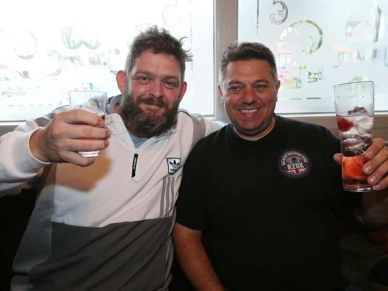 Chris Groves, left, and Nick Martin. Fans watch England v Czech Reublic in England's third Group D game of Euro 2020, in The Star & Garter pub, Copnor, Portsmouth. Picture: Chris Moorhouse (jpns 220621-12)