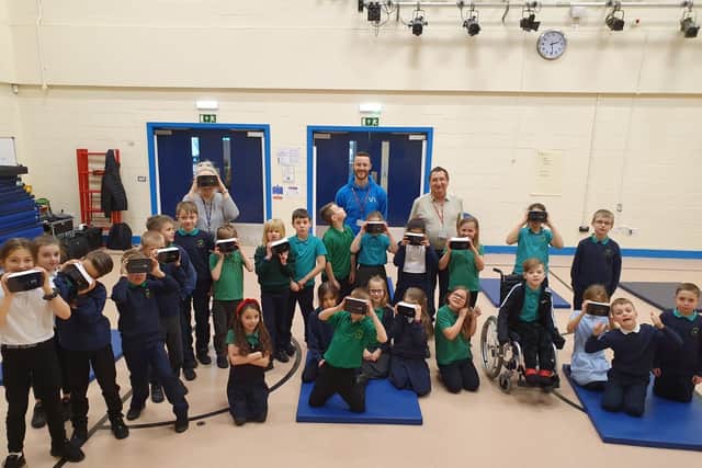 The pupils at Grenoside Community Primary School experiencing virtual reality with the help of PrimeVR and Coun Hooper