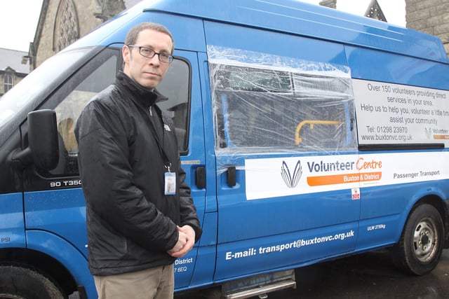 Alistair Rogerson of Buxton Volunteer Bureau with the damaged mini bus in 2012
