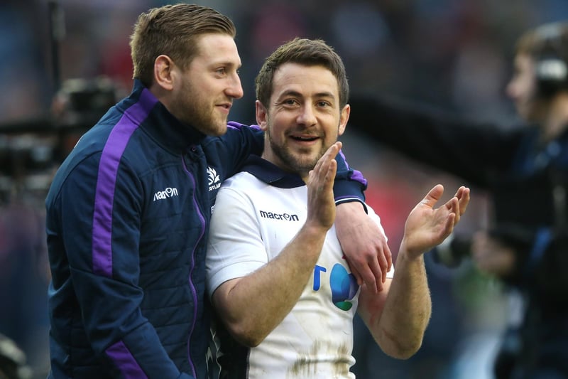 March 13, 2016, Six Nations: Scotland 29, France 18
Jedburgh's Greig Laidlaw marked his 50th cap, and his 25th as captain, by scoring one conversion and three penalties to add to tries by Stuart Hogg, Duncan Taylor and Tim Visser.
Here Laidlaw celebrates with team-mate Finn Russell after their victory at Murrayfield Stadium in Edinburgh. (Photo by David Rogers/Getty Images)