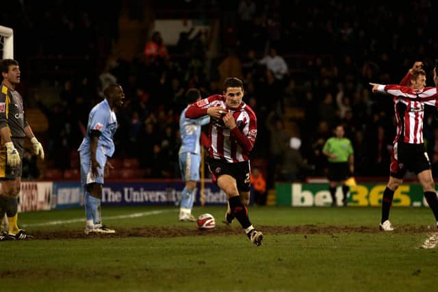 Sharp turns away to celebrate his first league goal for the Blades, against Coventry City in 2008