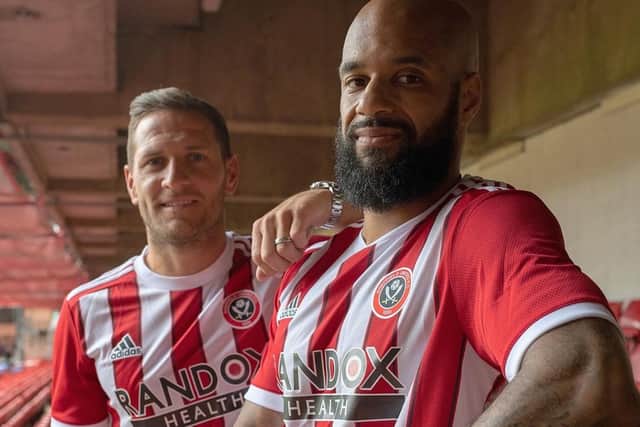 Billy Sharp and David McGoldrick in the new home shirt (Sheffield United)