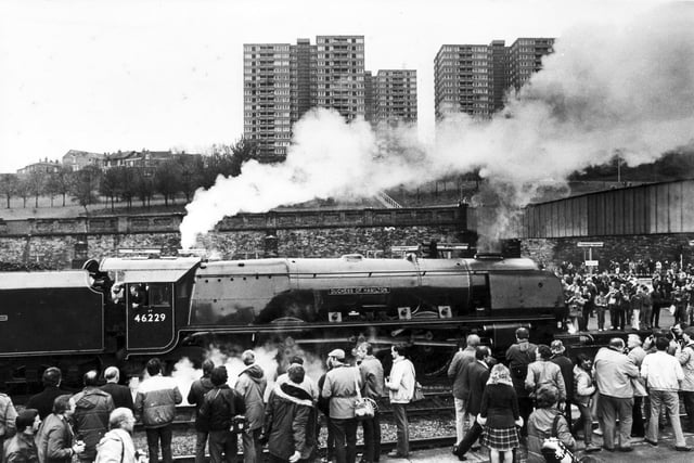 The Duchess of Hamilton steam engine is pictured in Sheffield in May 1985