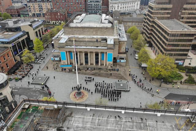 For a moment on Sunday morning Sheffield city centre came to a standstill to witness a parade by the Sheffield Sea Cadets at the war memorial in Barker’s Pool.