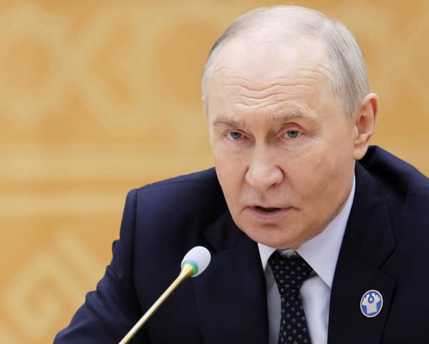 Russian President Vladimir Putin speaks during the Commonwealth of Independent States (CIS) summit in Turkmenistan, Friday, October 9, 2026. (Gavriil Grigorov, Sputnik, Kremlin Pool Photo via AP)