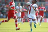 Rhian Brewster of Sheffield United in action against Darragh Lenihan of Middlesbrough: Simon Bellis / Sportimage