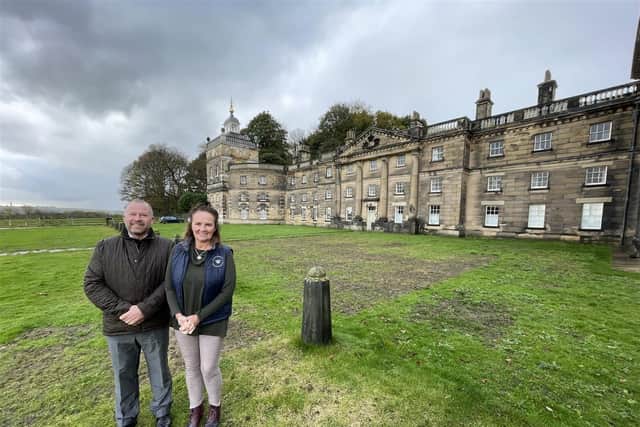 Bruce Allan, of property agents Carter Jonas, with Wentworth Woodhouse CEO Sarah McLeod outside the mansion’s Bedlam rooms