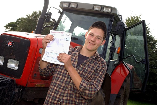 Tom Brooke, of Stoupergate Farm, Hatfield, who got 8 GCSE's, turned up to collect his results aboard a tractor in 2004