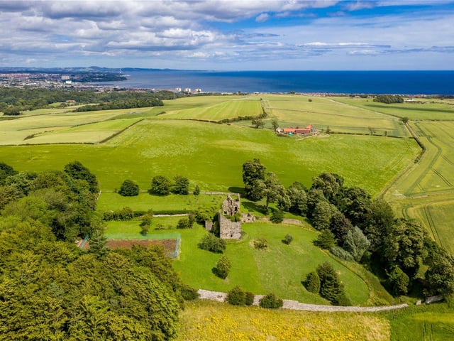 Aerial view of castle towards Kirkcaldy and the Forth.