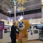 Centre manager Lee Greenwood helps Theo the Bear launch Sheffield Children's Hospital snowflakes and the Christmas lights at Crystal Peaks