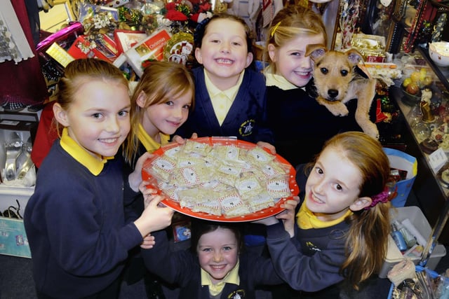 Fulwell Junior School pupils Lucy Archer 7, Lucy Goodings 8, Jamie Scrafton 7, Carys Kemp 8, Robyn Barker 7, and Eva Lowes 8 were selling reindeer dust to raise money for Pawz For Thought, in Fulwell Road, Sunderland in 2012.